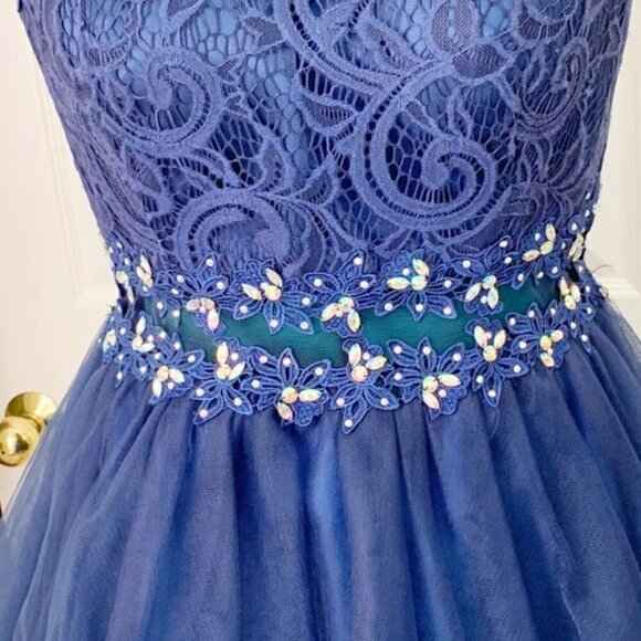 Homecoming Prom Party Beaded Lace Rhinestone Tulle Skater Dress - Picture 7 of 14